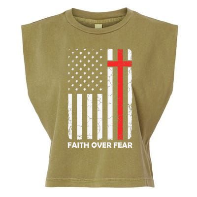 Faith Over Fear Vintage Old American Flag Cross Christian  Garment-Dyed Women's Muscle Tee