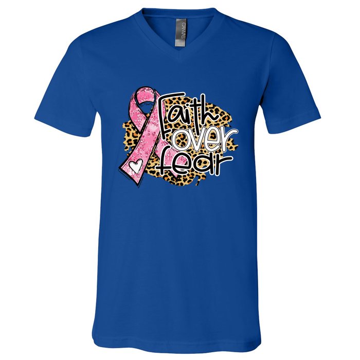 Faith Over Fear Pink Ribbon Leopard Breast Cancer Awareness Cute Gift V-Neck T-Shirt