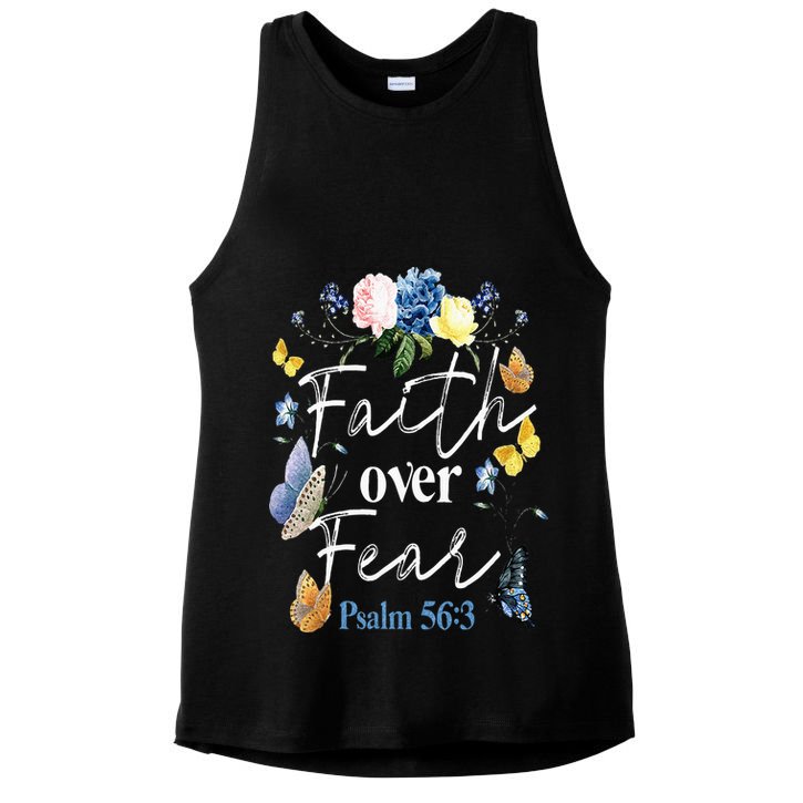 Faith Over Fear Flower Butterfly Christian Bible Verse Ladies PosiCharge Tri-Blend Wicking Tank
