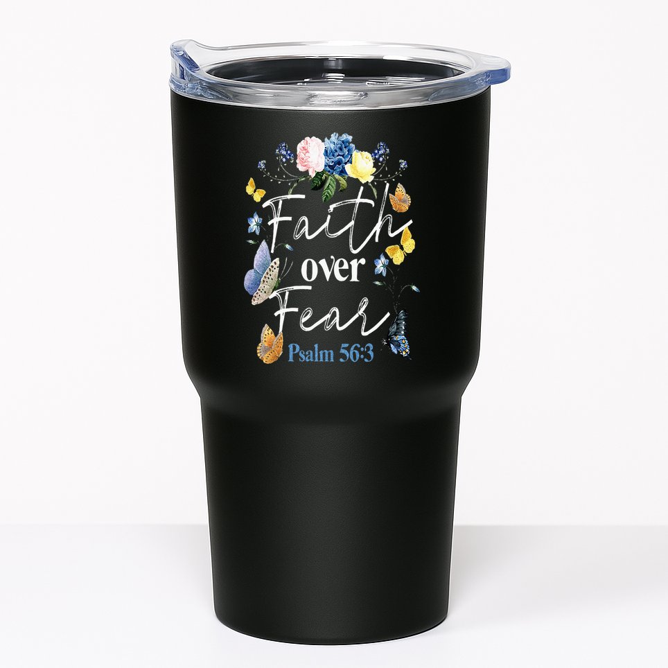 Faith Over Fear Flower Butterfly Christian Bible Verse Tumbler
