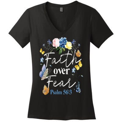 Faith Over Fear Flower Butterfly Christian Bible Verse Women's V-Neck T-Shirt