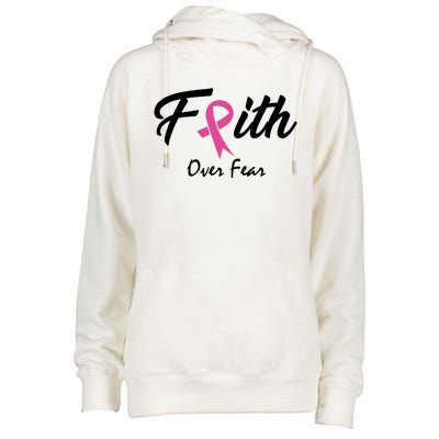 Faith Over Fear Breast Cancer Ribbon Womens Funnel Neck Pullover Hood