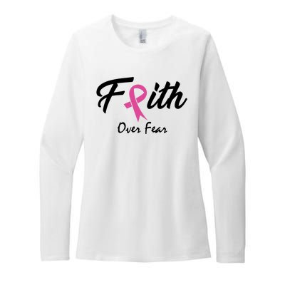 Faith Over Fear Breast Cancer Ribbon Womens CVC Long Sleeve Shirt