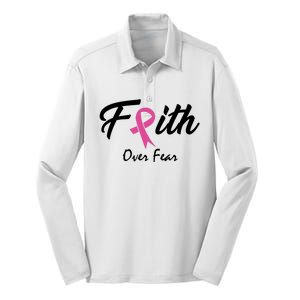 Faith Over Fear Breast Cancer Ribbon Silk Touch Performance Long Sleeve Polo