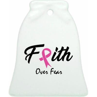 Faith Over Fear Breast Cancer Ribbon Ceramic Bell Ornament