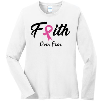 Faith Over Fear Breast Cancer Ribbon Ladies Long Sleeve Shirt