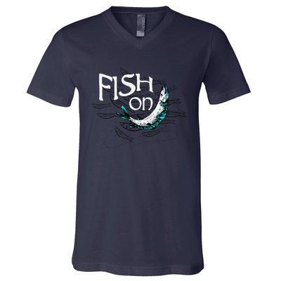 Fish On Fishing Gift For Bass Fisherman Fishing Gift V-Neck T-Shirt