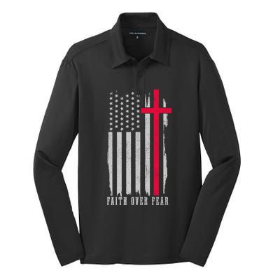 Faith Over Fear American Flag Jesus Patriotic Christian Gift Silk Touch Performance Long Sleeve Polo