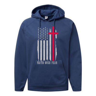 Faith Over Fear American Flag Jesus Patriotic Christian Gift Performance Fleece Hoodie