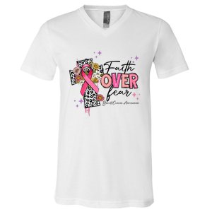 Faith Over Fear Breast Cancer Awareness Christian Religious V-Neck T-Shirt