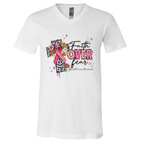 Faith Over Fear Breast Cancer Awareness Christian Religious V-Neck T-Shirt