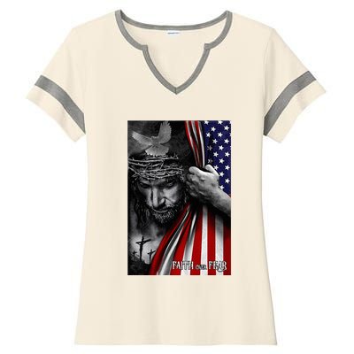 Faith Over Fear God Jesus Christian Flag Ladies Halftime Notch Neck Tee