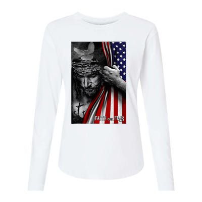 Faith Over Fear God Jesus Christian Flag Womens Cotton Relaxed Long Sleeve T-Shirt