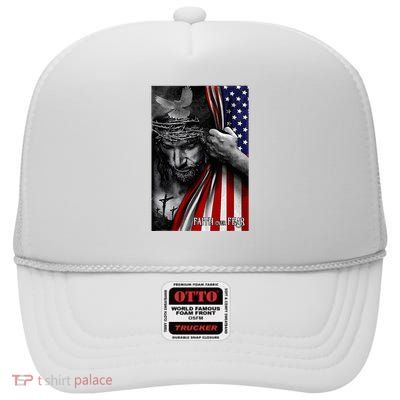 Faith Over Fear God Jesus Christian Flag High Crown Mesh Back Trucker Hat