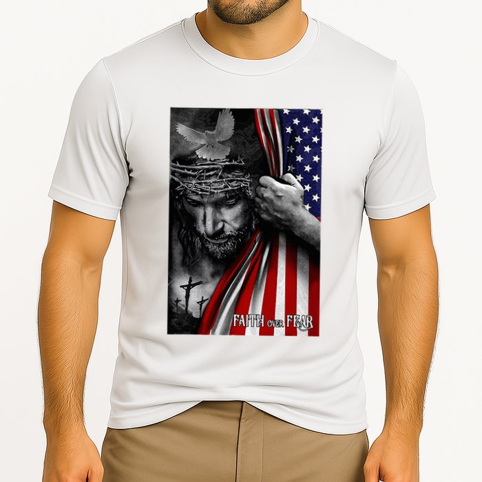 Faith Over Fear God Jesus Christian Flag Cooling Performance Crew T-Shirt