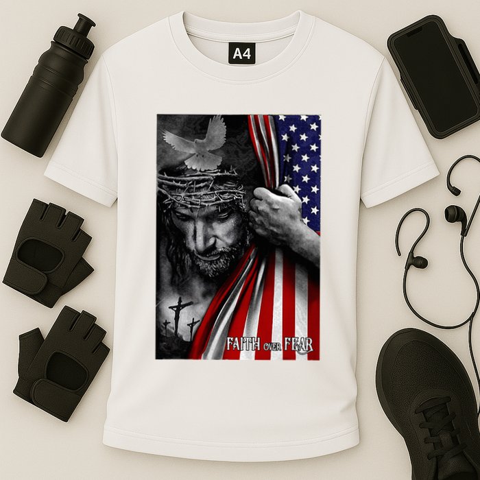 Faith Over Fear God Jesus Christian Flag Cooling Performance Crew T-Shirt