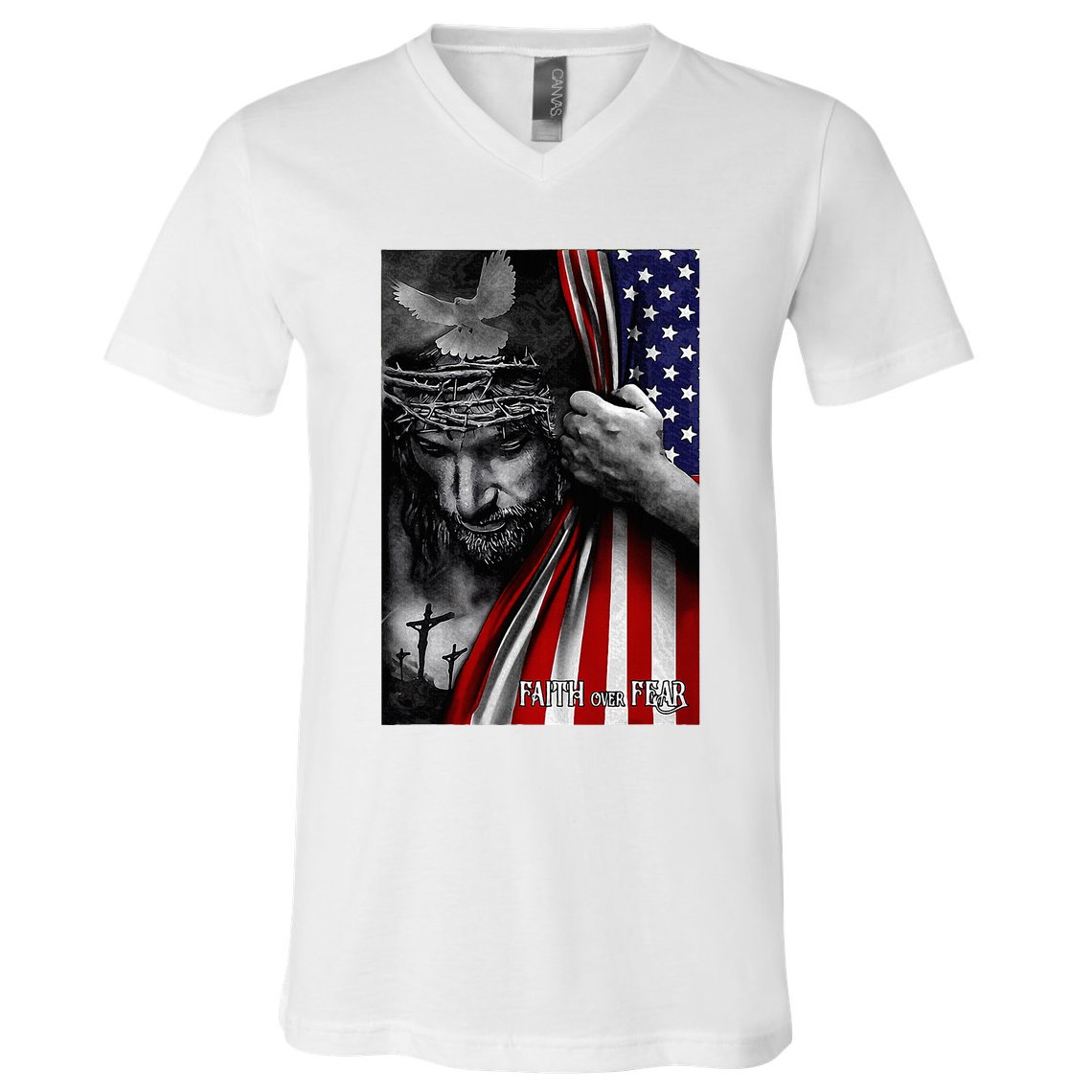 Faith Over Fear God Jesus Christian Flag V-Neck T-Shirt