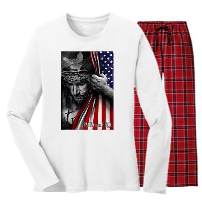 Faith Over Fear God Jesus Christian Flag Women's Long Sleeve Flannel Pajama Set 