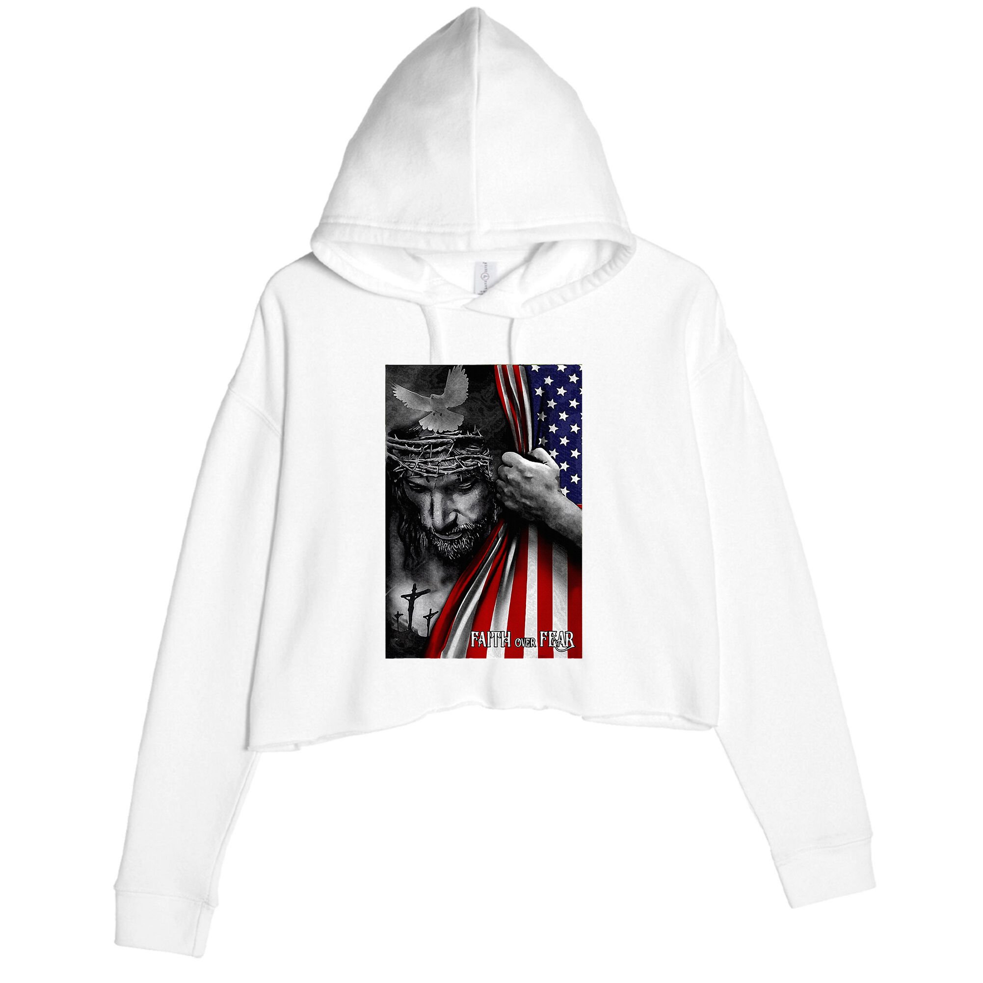 Faith Over Fear God Jesus Christian Flag Crop Fleece Hoodie