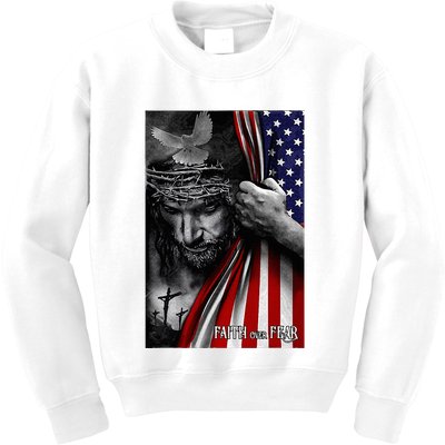 Faith Over Fear God Jesus Christian Flag Kids Sweatshirt