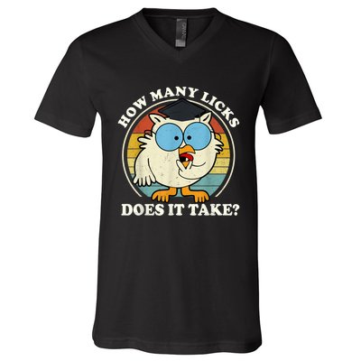 Funny Owl How Many Licks Does It Take Retro Vintage V-Neck T-Shirt