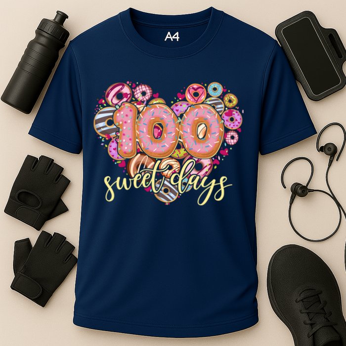 Funny One Hundred 100 Sweet Days Of School Donuts Cooling Performance Crew T-Shirt