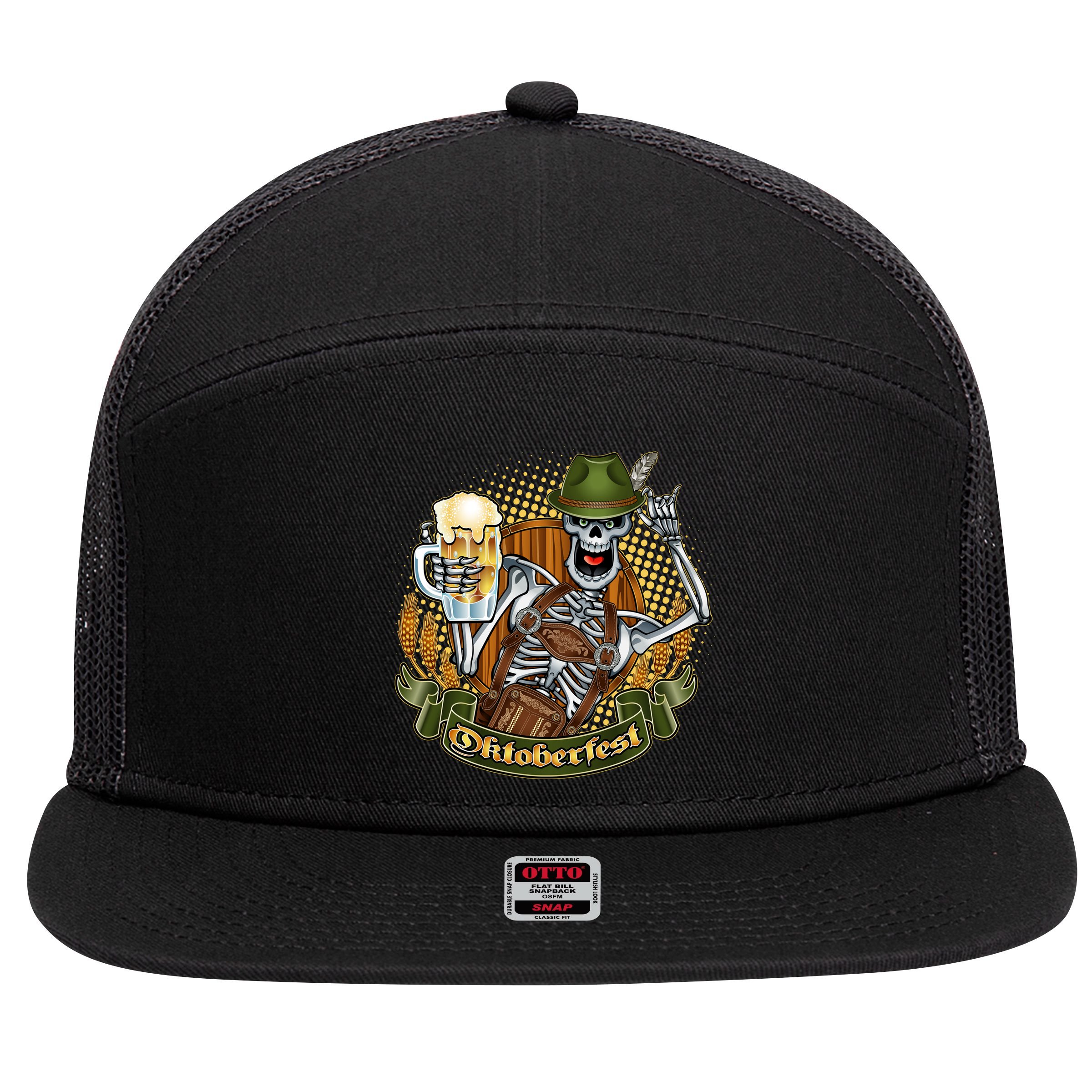 Funny Oktoberfest Halloween Skeleton 7 Panel Mesh Trucker Snapback Hat