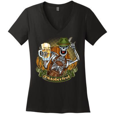 Funny Oktoberfest Halloween Skeleton Women's V-Neck T-Shirt