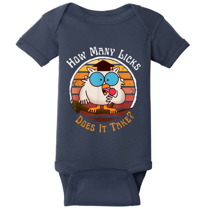 Funny Owl How Many Licks Does It Take Retro Vintage Baby Bodysuit