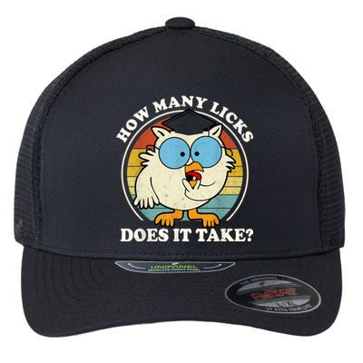 Funny Owl How Many Licks Does It Take Retro Vintage Flexfit Unipanel Trucker Cap