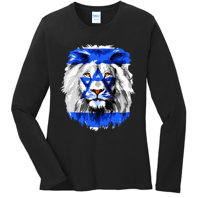 Flag of Israel lion Jewish Israel Flag Ladies Long Sleeve Shirt