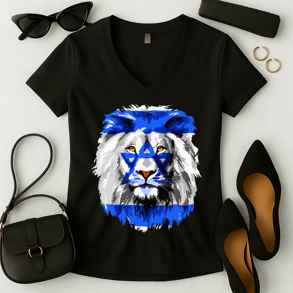 Flag of Israel lion Jewish Israel Flag Women's V-Neck T-Shirt