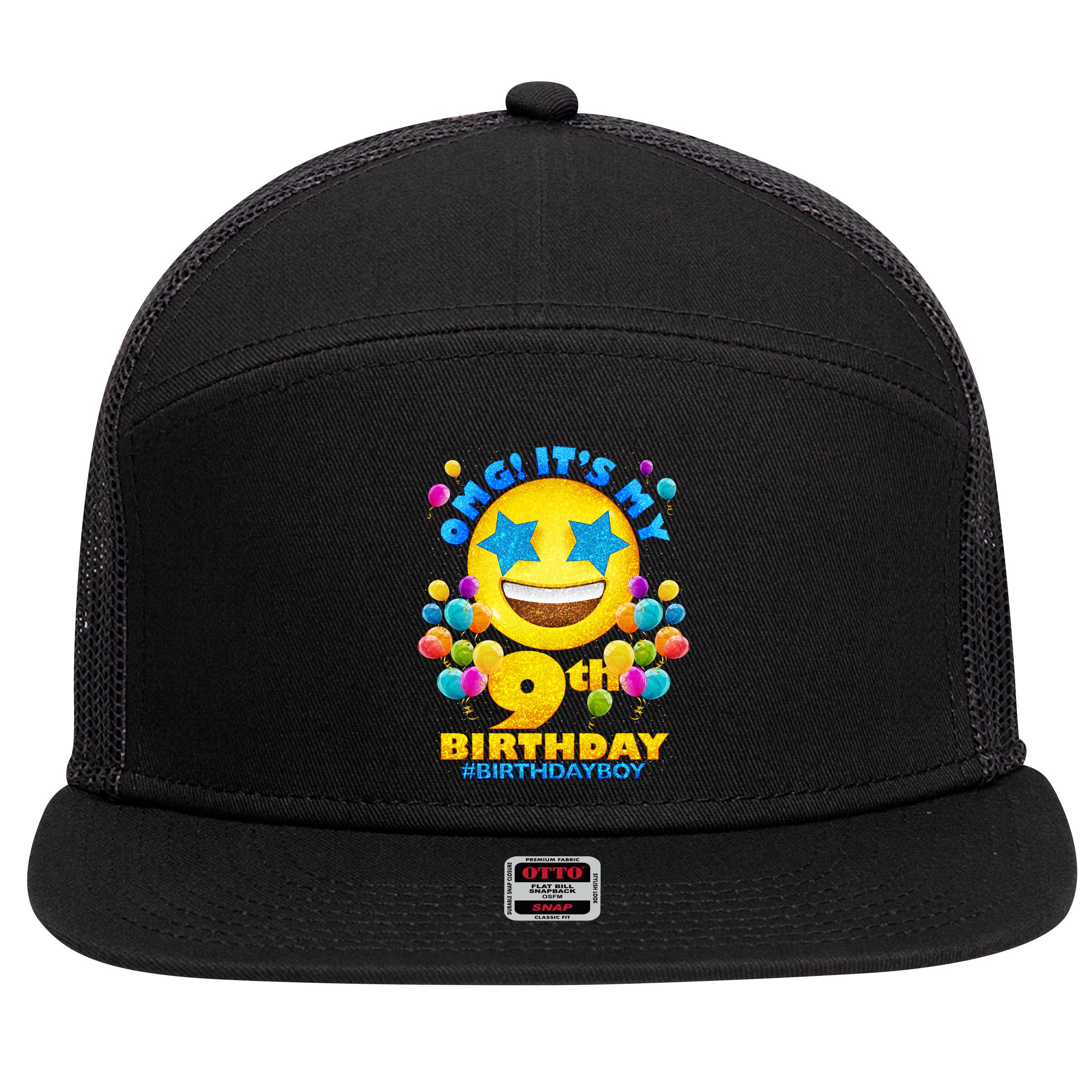 Funny OMG It's My 9th Birthday #BirthdayBoy Emoji 7 Panel Mesh Trucker Snapback Hat