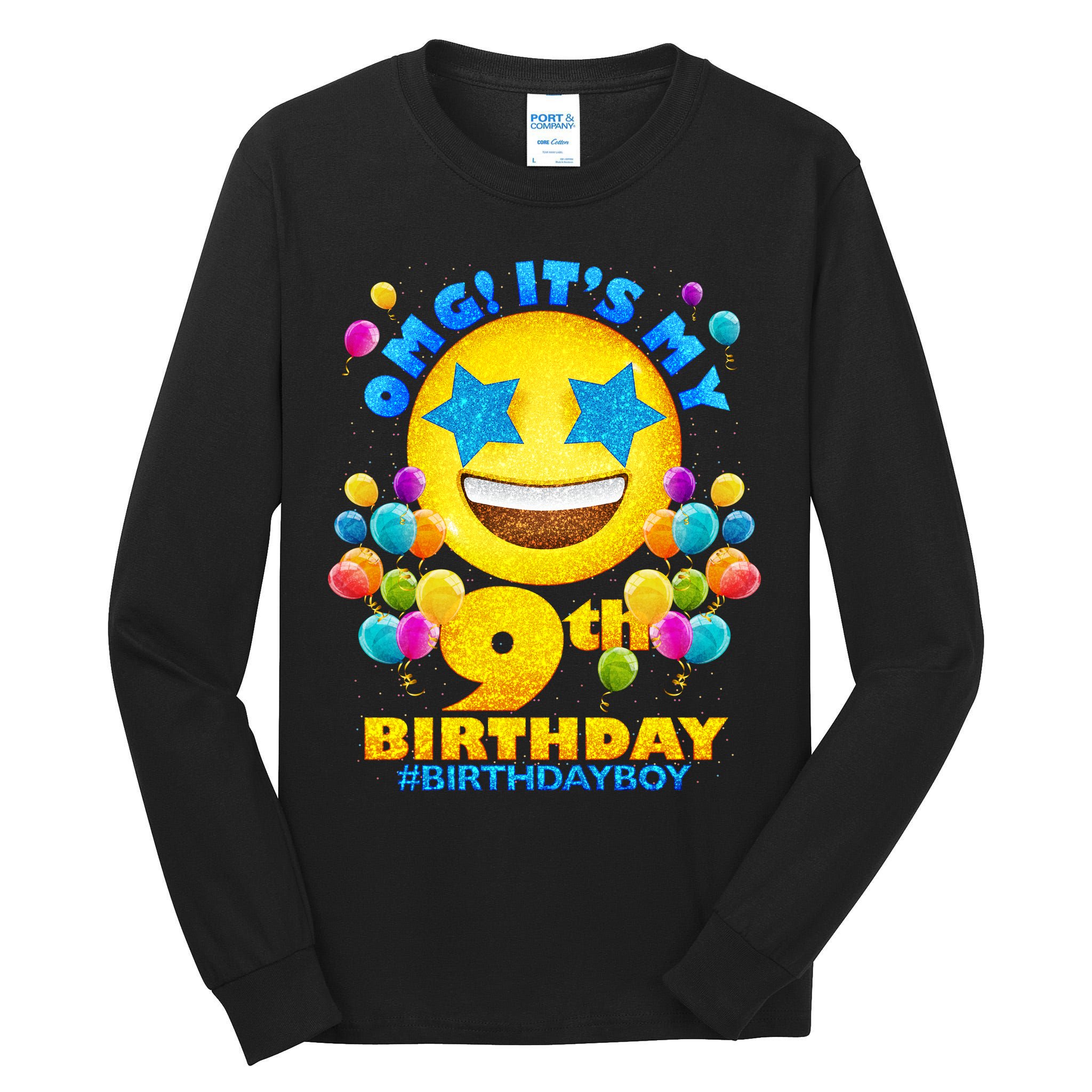 Funny OMG It's My 9th Birthday #BirthdayBoy Emoji Tall Long Sleeve T-Shirt