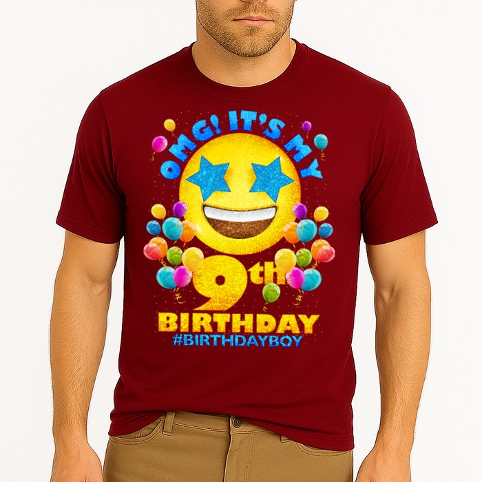 Funny OMG It's My 9th Birthday #BirthdayBoy Emoji Cooling Performance Crew T-Shirt
