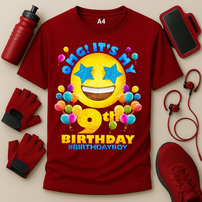 Funny OMG It's My 9th Birthday #BirthdayBoy Emoji Cooling Performance Crew T-Shirt