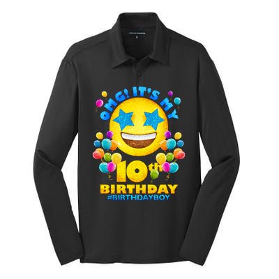 Funny OMG It's My 10th Birthday #BirthdayBoy Emoji Silk Touch Performance Long Sleeve Polo