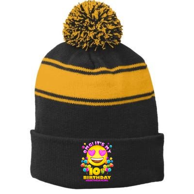 Funny OMG It's My 10th Birthday #BirthdayGirl Emoji Stripe Pom Pom Beanie