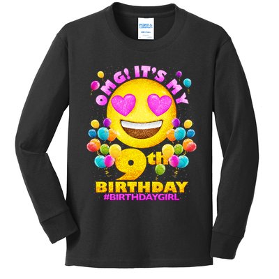 Funny OMG It's My 9th Birthday #BirthdayGirl Emoji Kids Long Sleeve Shirt