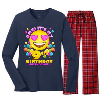 Funny OMG It's My 9th Birthday #BirthdayGirl Emoji Women's Long Sleeve Flannel Pajama Set 