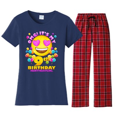 Funny OMG It's My 9th Birthday #BirthdayGirl Emoji Women's Flannel Pajama Set