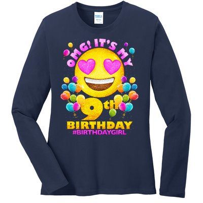 Funny OMG It's My 9th Birthday #BirthdayGirl Emoji Ladies Long Sleeve Shirt