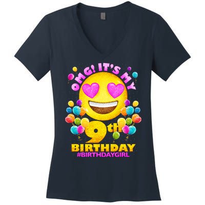 Funny OMG It's My 9th Birthday #BirthdayGirl Emoji Women's V-Neck T-Shirt