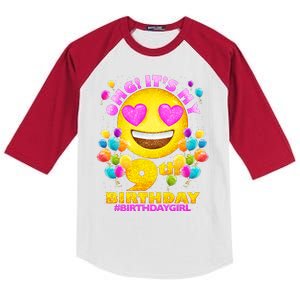 Funny OMG It's My 9th Birthday #BirthdayGirl Emoji Kids Colorblock Raglan Jersey