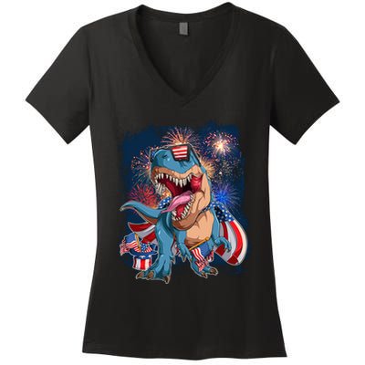 Fourth Of July USA American Flag Trex Women's V-Neck T-Shirt