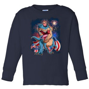 Fourth Of July USA American Flag Trex Toddler Long Sleeve Shirt