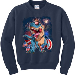 Fourth Of July USA American Flag Trex Kids Sweatshirt