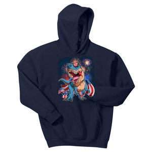 Fourth Of July USA American Flag Trex Kids Hoodie