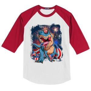 Fourth Of July USA American Flag Trex Kids Colorblock Raglan Jersey