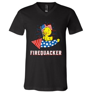 Fourth of July USA Patriotic Firecracker Rubber Duck V-Neck T-Shirt